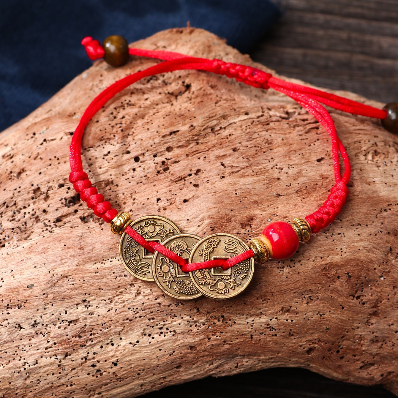 Red Braided Coin Charm Bracelet - Traditional Chinese Accessory for Luck & Prosperity