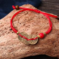 Red Braided Coin Charm Bracelet - Traditional Chinese Accessory for Luck & Prosperity