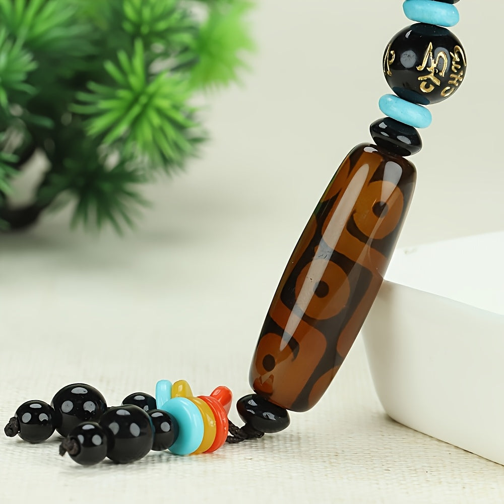 Tibetan Black Agate Necklace with Green Dzi Bead for Protection, Wealth, and Spiritual Balance