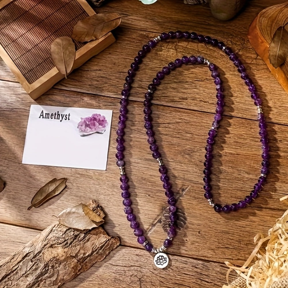 108 Bead Amethyst Mara Bracelet – Bohemian Style Purple Stone with Lotus Charm for Spiritual Balance