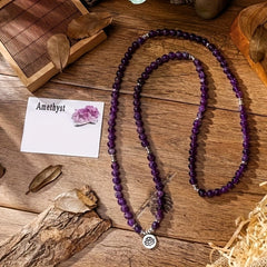 108 Bead Amethyst Mara Bracelet – Bohemian Style Purple Stone with Lotus Charm for Spiritual Balance