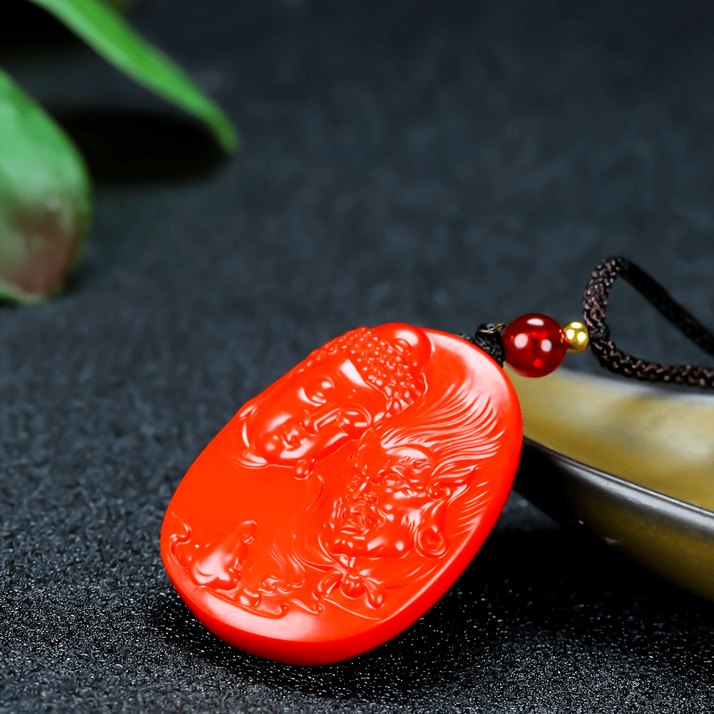 Red Cinnabar Buddha and Demon Pendant for Spiritual Protection, Karmic Balance, and Energy Cleansing