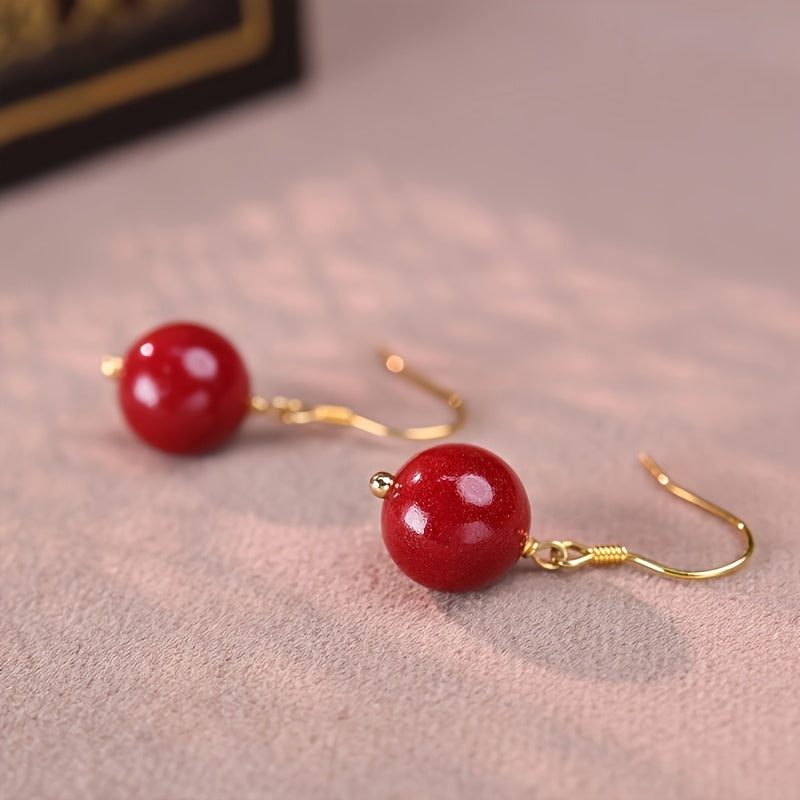 Cinnabar Earrings 10mm - Red Bead Luxury Drop Earrings for Energy Balance & Daily Elegance
