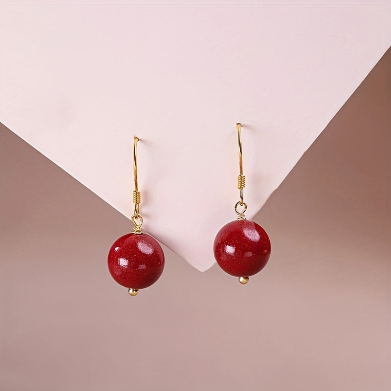 Cinnabar Earrings 10mm - Red Bead Luxury Drop Earrings for Energy Balance & Daily Elegance
