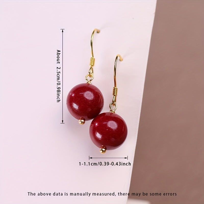 Cinnabar Earrings 10mm - Red Bead Luxury Drop Earrings for Energy Balance & Daily Elegance