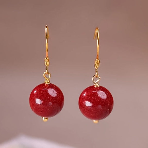Cinnabar Earrings 10mm - Red Bead Luxury Drop Earrings for Energy Balance & Daily Elegance