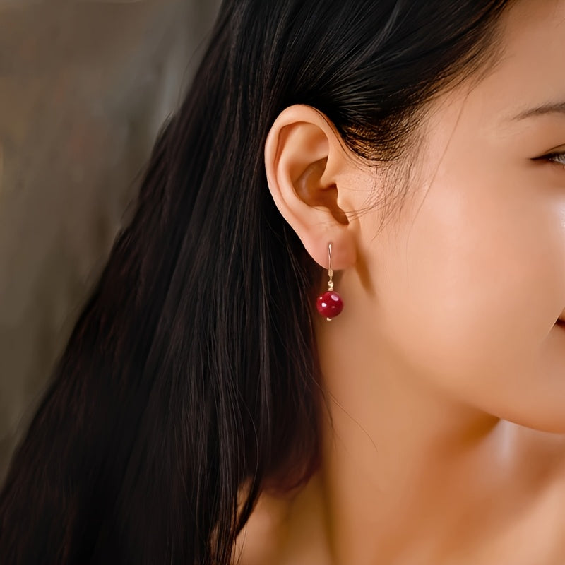 Cinnabar Earrings 10mm - Red Bead Luxury Drop Earrings for Energy Balance & Daily Elegance