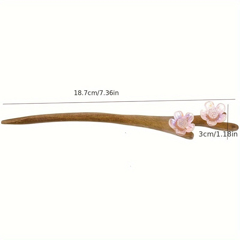 Elegant Vintage Mahogany Blossom Hairpin - Chinese Style Floral Hair Clip with Pink Blossoms & Green Leaves for Weddings & Daily Use