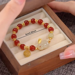 Cute Rabbit Pendant Glass Bracelet - Artificial Agate with Auspicious 'Fu' Charm for Harmony & Prosperity