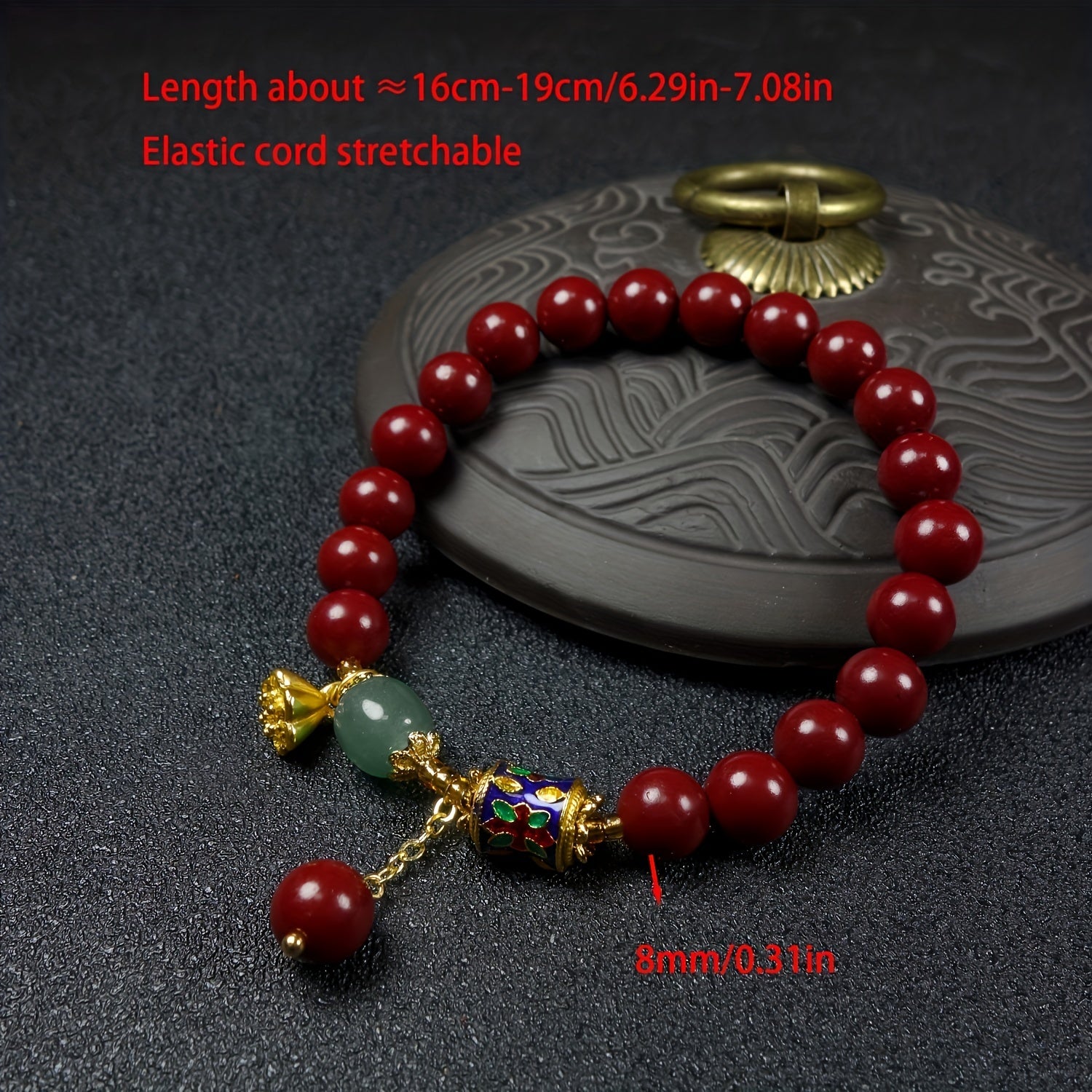 Cinnabar Ethnic Pendant Bracelet - Red & Green Bead Accents for Wealth Attraction & Blood Purification