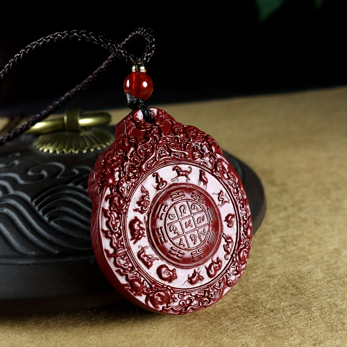Elegant Cinnabar Eight Trigrams Pendant Necklace - Wealth Attraction & Synthetic Stone Fashion for Men