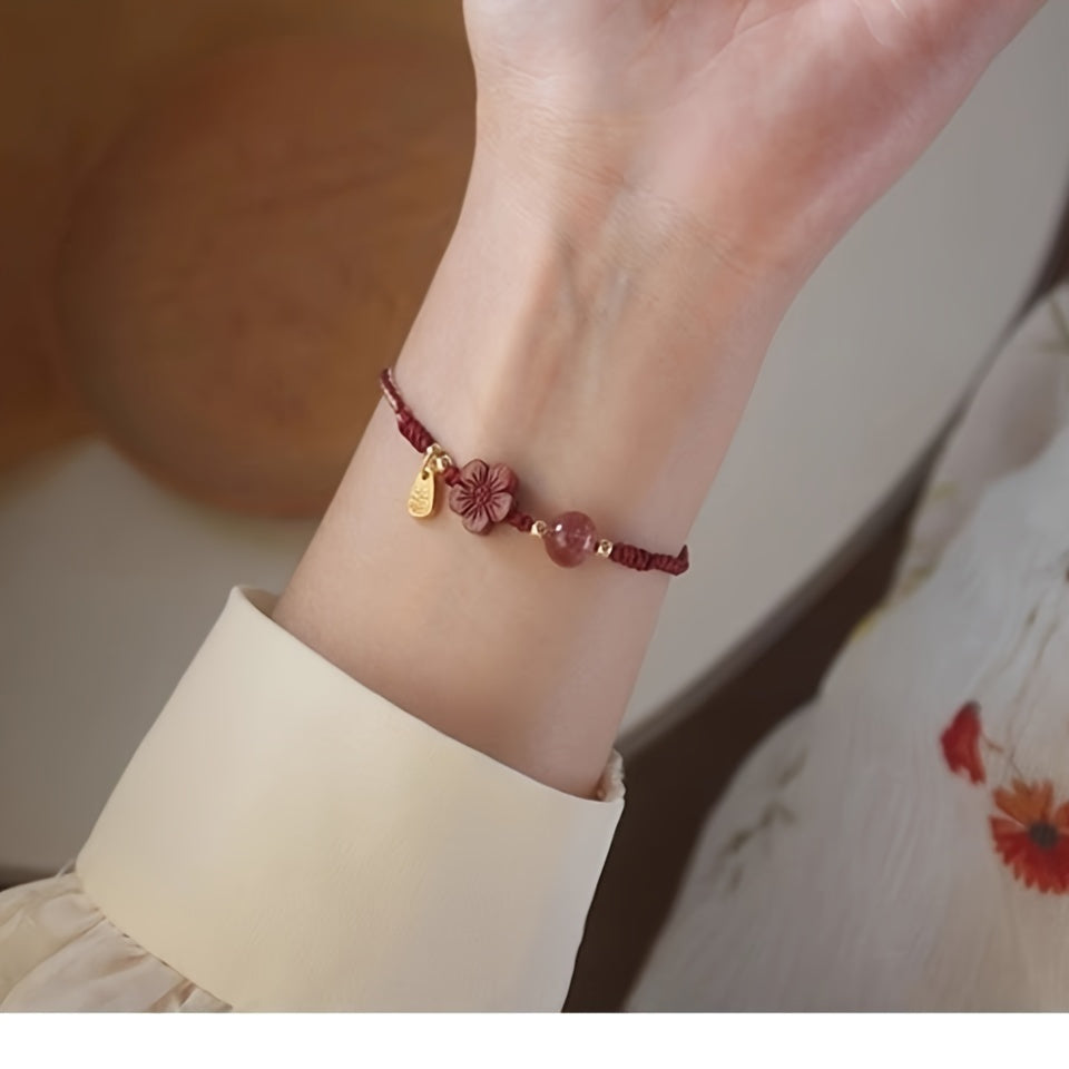 Women's Elegant Chinese Red Bracelet - Deep Burgundy Cord with Floral Pendant for Spiritual Protection & Lunar New Year Gift