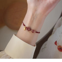Women's Elegant Chinese Red Bracelet - Deep Burgundy Cord with Floral Pendant for Spiritual Protection & Lunar New Year Gift