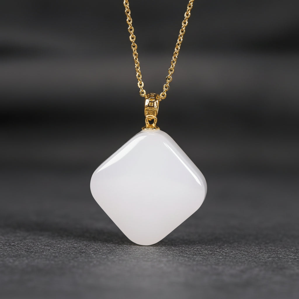 Natural Stone Square Pendant Necklace with Golden Chain for Grounding Energy and Minimalist Style
