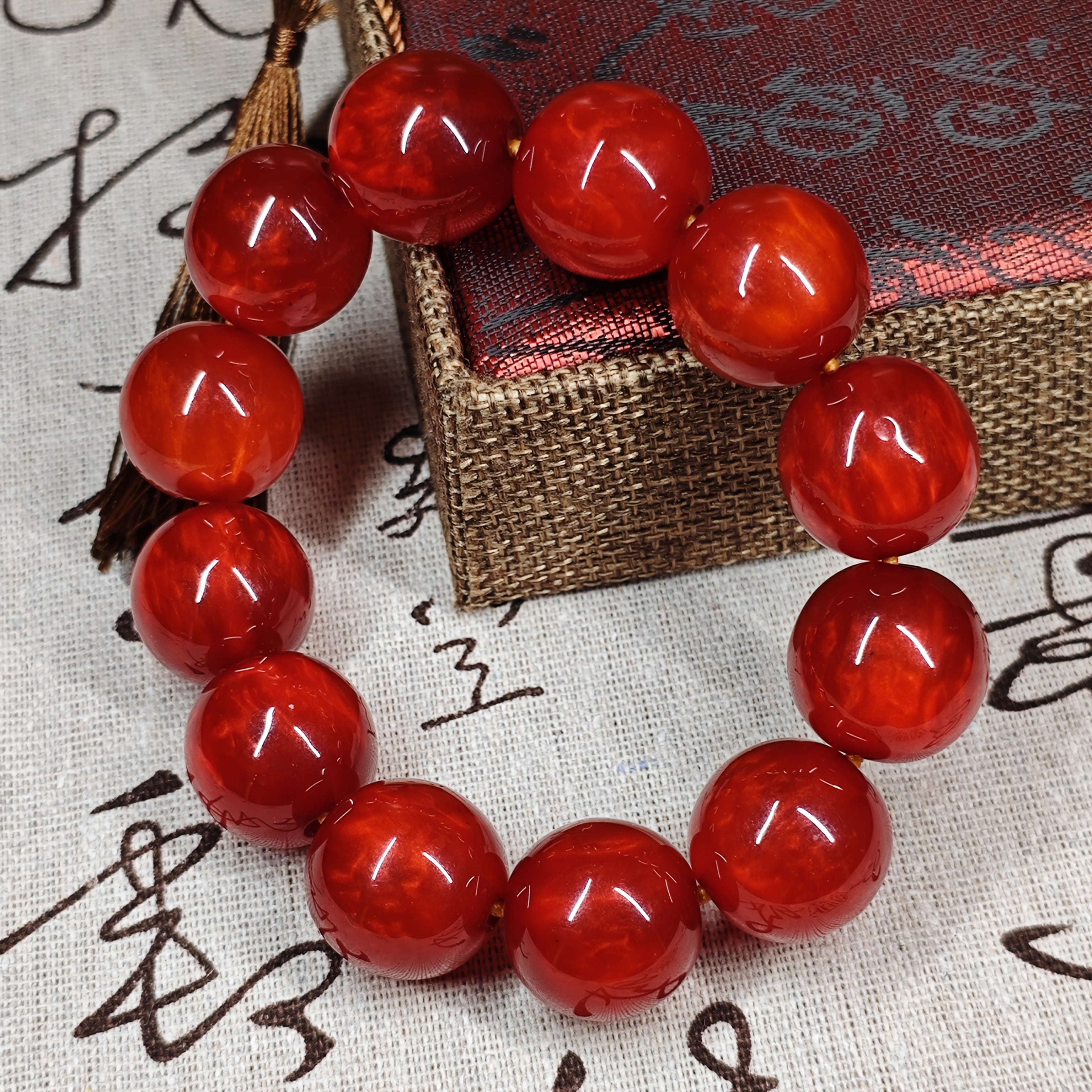 1pc Large 20mm Red Carnelian Beads Elastic Bracelet - Vintage Bohemian Style for Energy & Protection