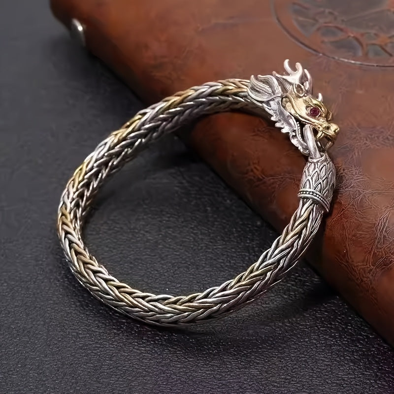 Vintage Dragon Head Bracelet - Handmade Intertwined Design with Red Eyes & Textured Finish for Men