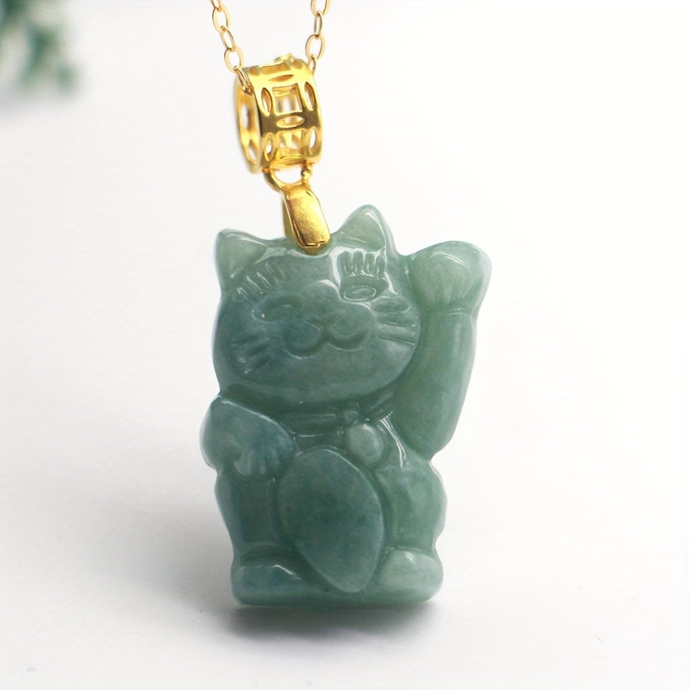 High-Grade Green Aventurine Beckoning Cat Pendant Necklace for Prosperity, Luck, and Positive Energy