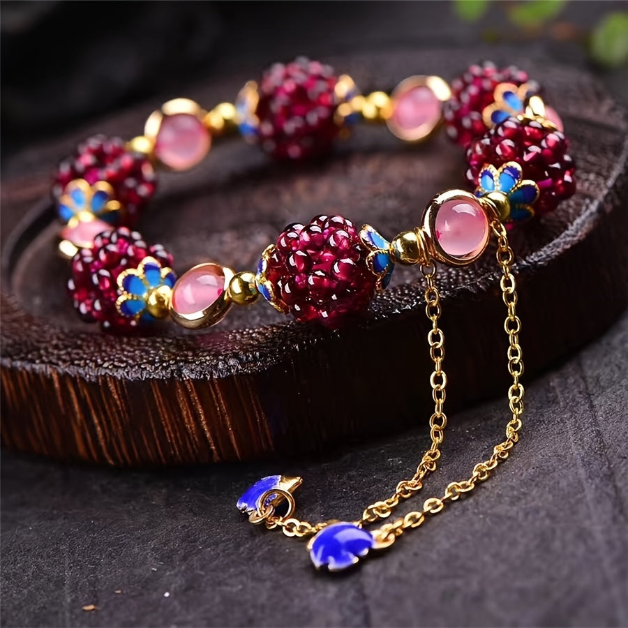 Natural Garnet Woven Ball Bracelet — Vitality & Passion Energy Charm with Hollow Fish Design