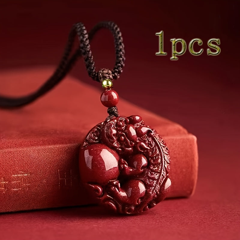 Elegant Red Cinnabar Pixiu Guardian Lion Pendant Necklace - Hand-Carved Wealth & Protection Amulet