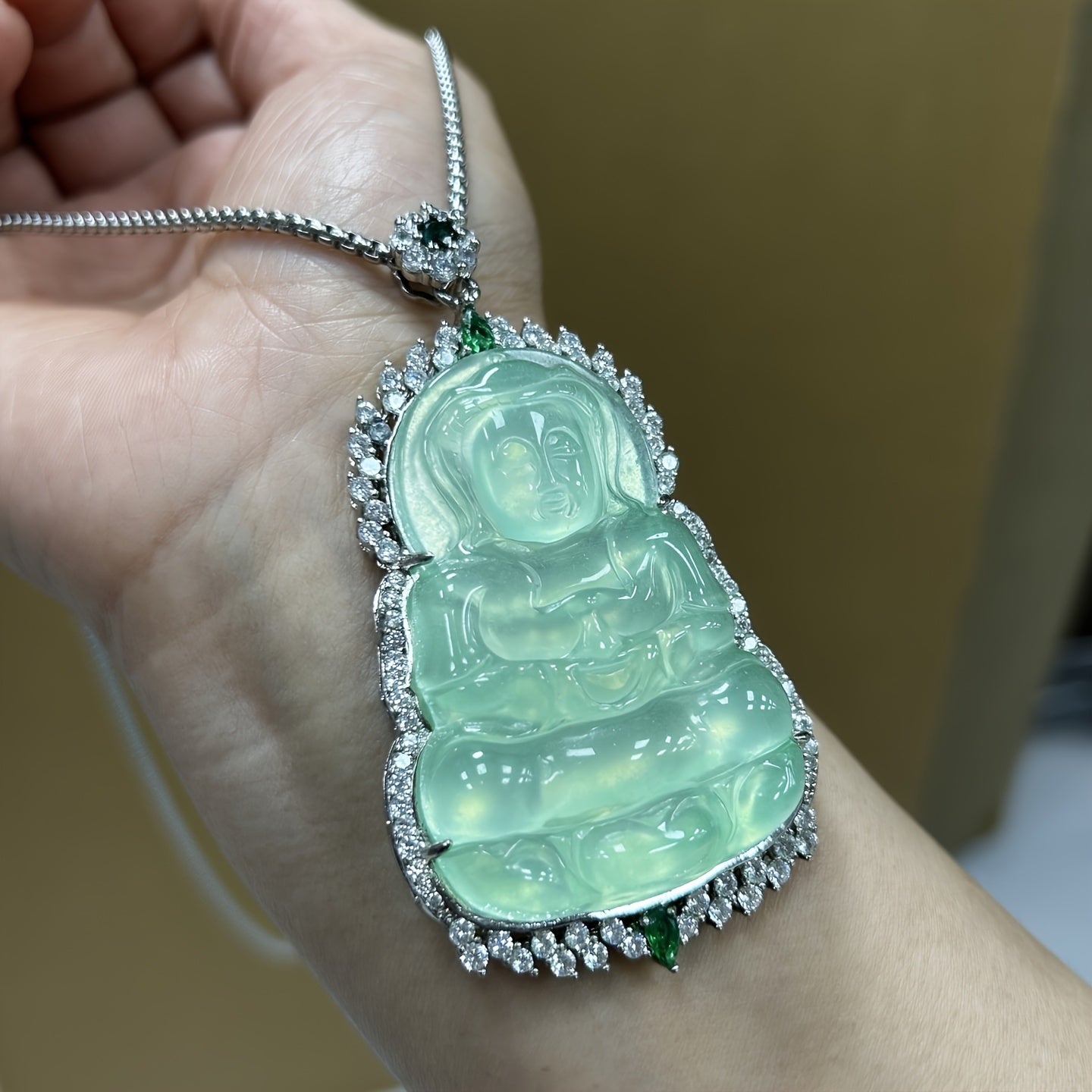 Elegant Icy Green Aquamarine Guanyin Pendant for Serenity, Healing & Spiritual Protection