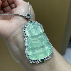 Elegant Icy Green Aquamarine Guanyin Pendant for Serenity, Healing & Spiritual Protection