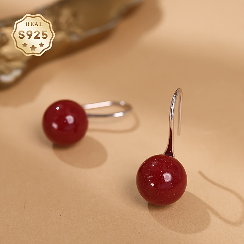 Cinnabar Earrings 925 Silver - 10mm Red Bead for Energy Balance & Protection - Traditional Chinese Jewelry