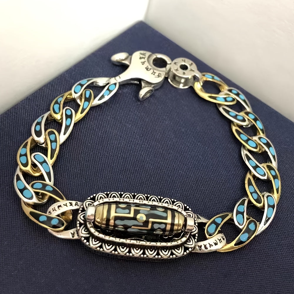 Men’s Vintage Nine-Eye Bead Bracelet — Protection, Wisdom & Energy Balance | Copper Chain with Turquoise & Agate Inlay