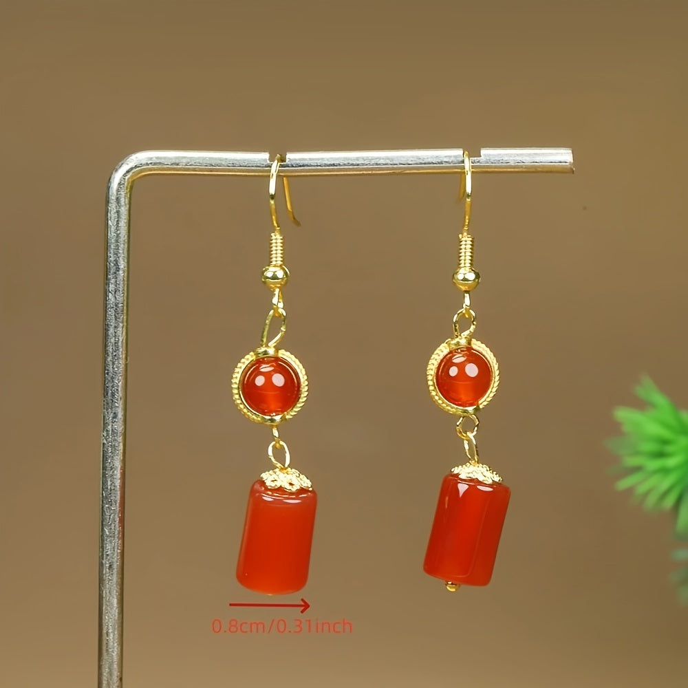 Red Agate Zodiac Year Earrings for Vitality Protection Harmony and Retro Chinese Style Energy Jewelry