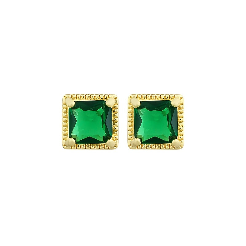 Gold-Plated Square Green Synthetic Stone Stud Earrings - Minimalist Design with Healing Energy