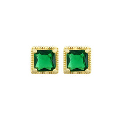 Gold-Plated Square Green Synthetic Stone Stud Earrings - Minimalist Design with Healing Energy