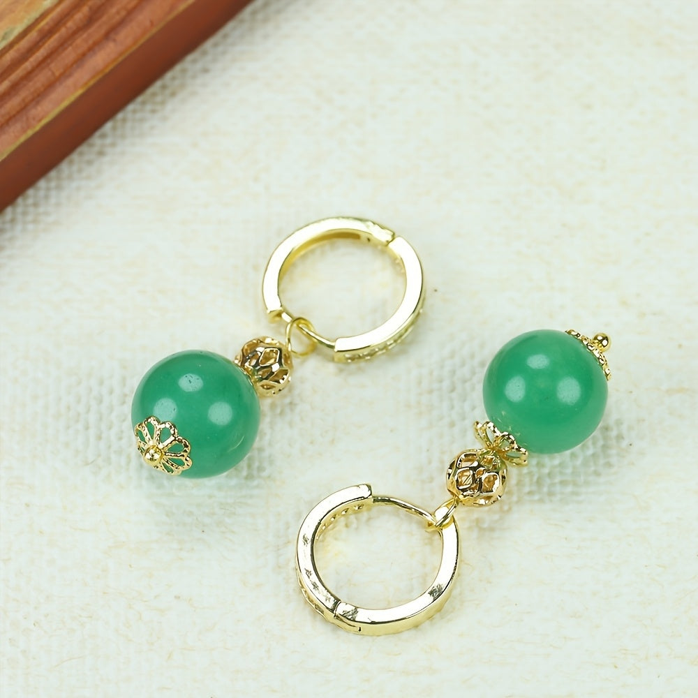 Natural Apple Green Peace Bead Earrings for Harmony Energy Balance Retro Gold Hoop Jewelry