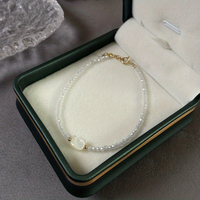 Delicate Adjustable Cat Charm Bracelet - Black & Pearl White Crystals for Spiritual Energy