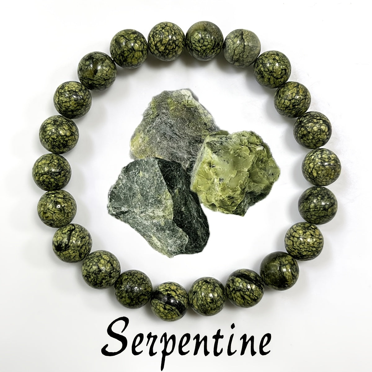 Handmade Natural Green Serpentine Bracelet - 8mm Elastic Fit Beads for Heart Chakra Healing & Prosperity