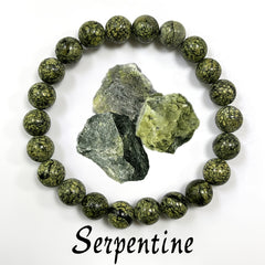 Handmade Natural Green Serpentine Bracelet - 8mm Elastic Fit Beads for Heart Chakra Healing & Prosperity