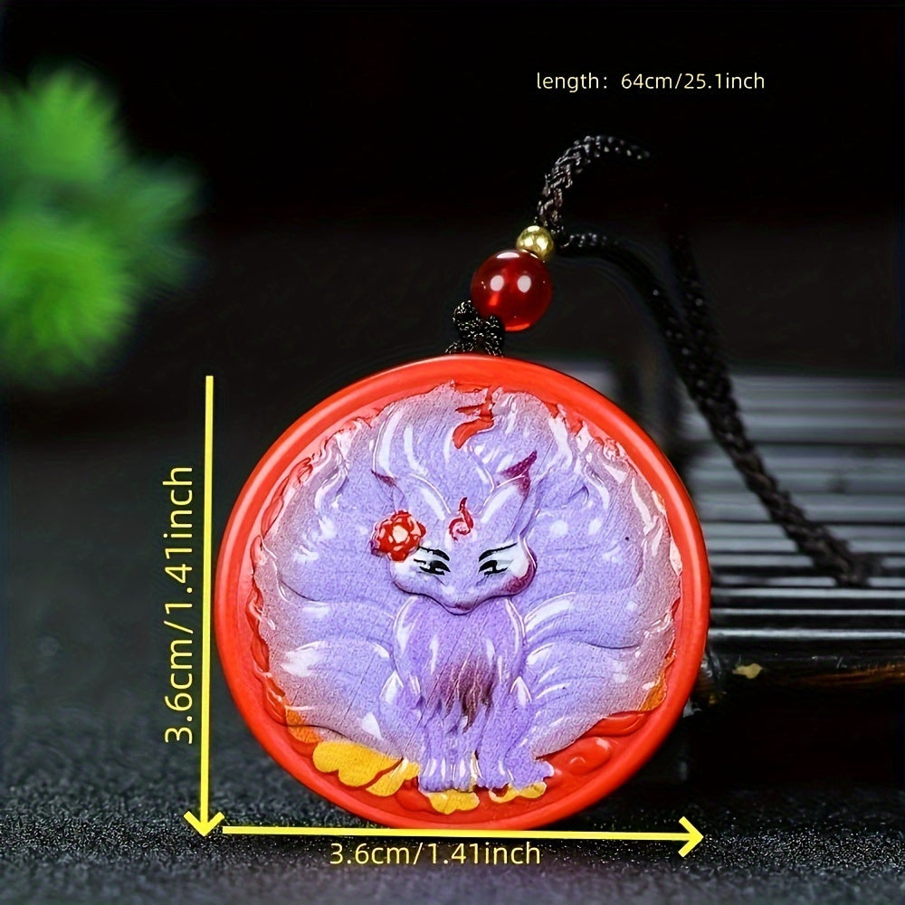 Hand-Painted Cinnabar Nine-Tailed Fox Pendant for Prosperity & Love, Unisex Spiritual Amulet with Lotus Design