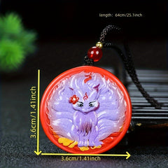 Hand-Painted Cinnabar Nine-Tailed Fox Pendant for Prosperity & Love, Unisex Spiritual Amulet with Lotus Design