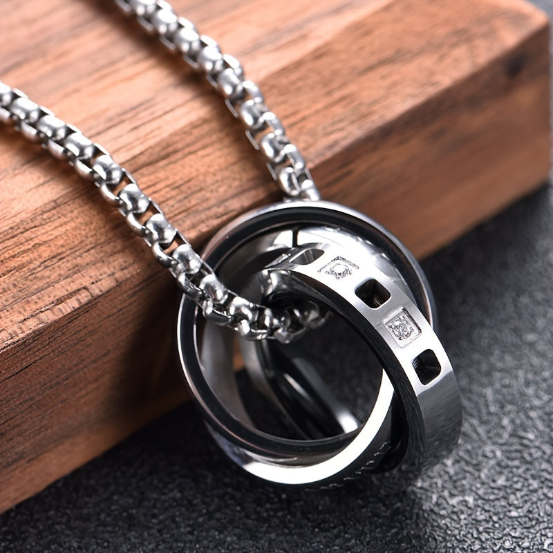 Alpaca 3-Ring Stainless Steel Pendant Necklace for Men: White Cubic Zirconia for Clarity & Protection