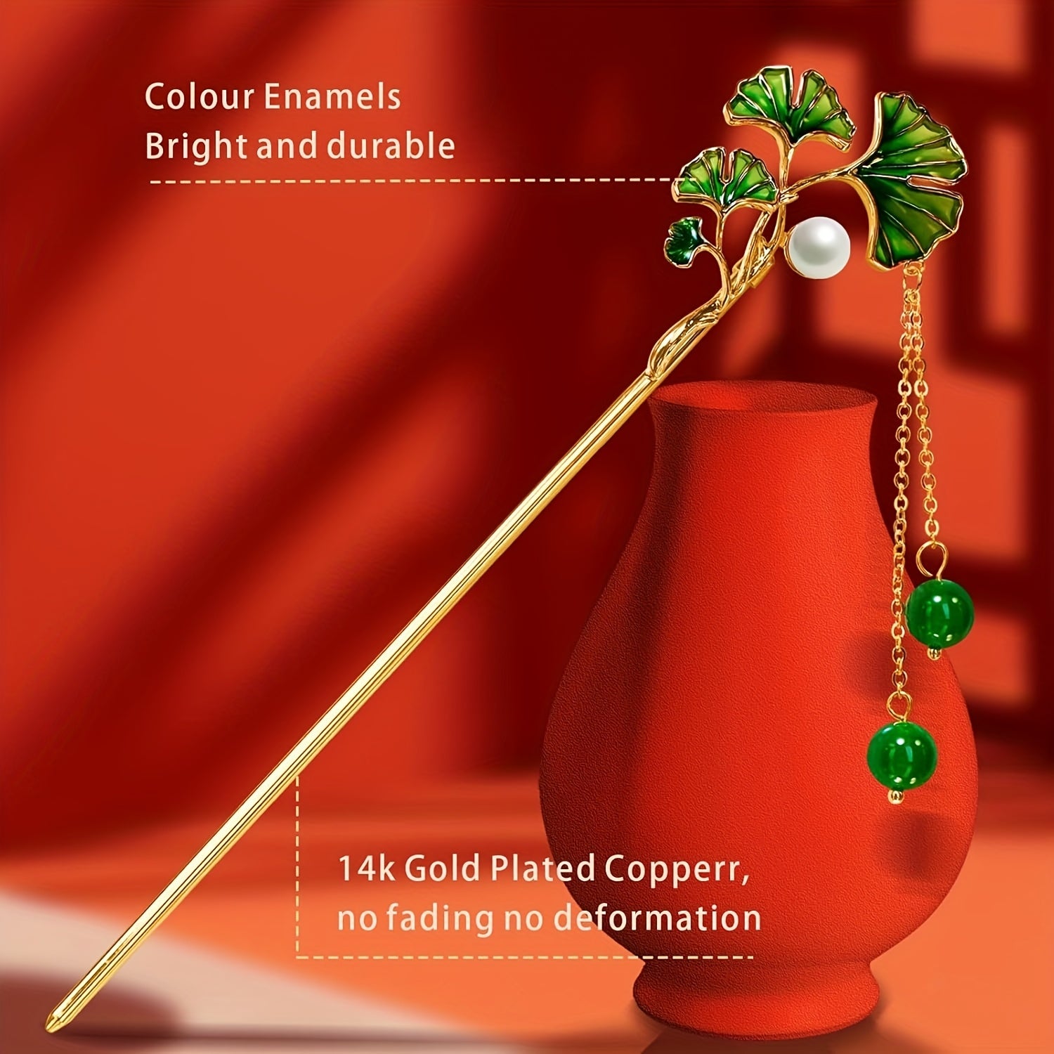 Elegant 14K Copper Plated Hairpin with Ginkgo Biloba & Emerald Beads - 6.69 Inch Handcrafted Hair Accessory for Women, Perfect for Weddings & Formal Events - Harmony Energy Talisman