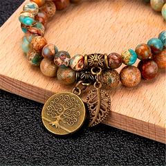 Sea Sediment Jasper Bracelet Set with Tree of Life & Leaf — Grounding, Calm Seas Energy, Balance & Prosperity