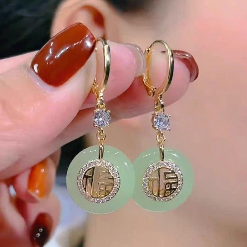 Versatile 'Fu' Character Earrings - Elegant Retro Design for Daily to Festive Wear - Natural Jade & Gold Accents for Harmony & Prosperity