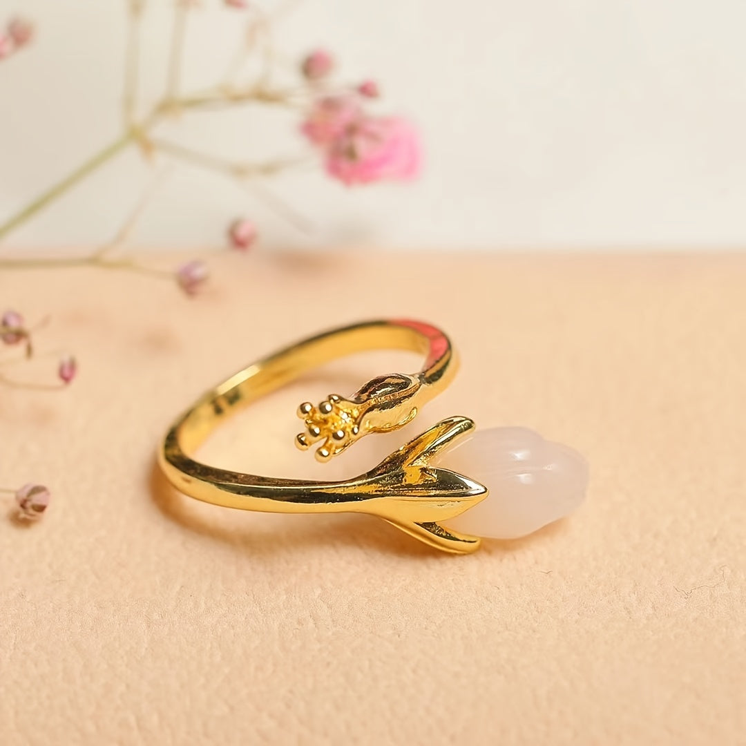 Sheep Fat White Jade Orchid Ring with Turquoise | Elegant Feng Shui Jewelry for Peace & Wisdom