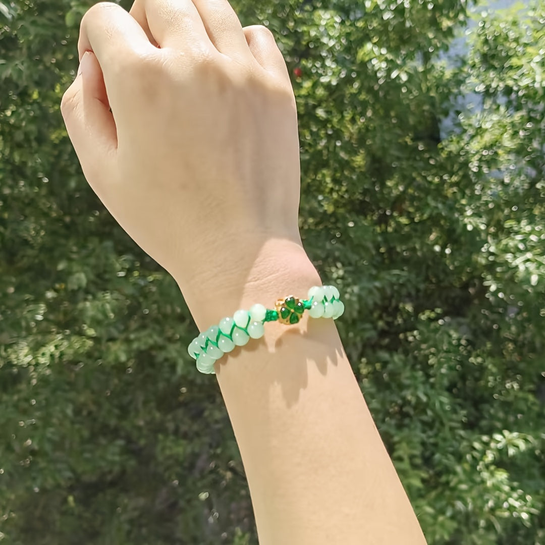 1pc Natural Green Aventurine Leaf Clover Beaded Bracelet - Unisex Stone Bracelet for Daily Wear & Holiday Decor with Energy Balancing