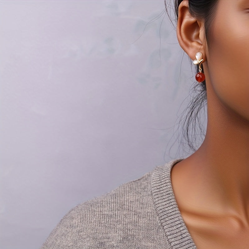 Butterfly Red Agate Dangle Earrings - 8mm Natural Stone for Energy Balance & Daily Elegance