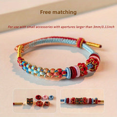 Lucky Peach Blossom Knot Bracelet - Hand-Woven Adjustable Red String with Golden Beads for Love & Good Fortune