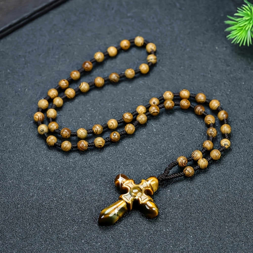 Natural Tiger Eye Cross Pendant - Bohemian Unisex Jewelry with Grounding Energy & Protective Powers