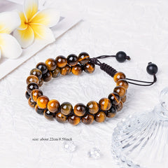 1pc Double Layer Triple Protection Tiger Eye Natural Stone Beaded Bracelet - Hand-Woven Bracelet with Black Onyx Accents for Spiritual Protection & Grounding