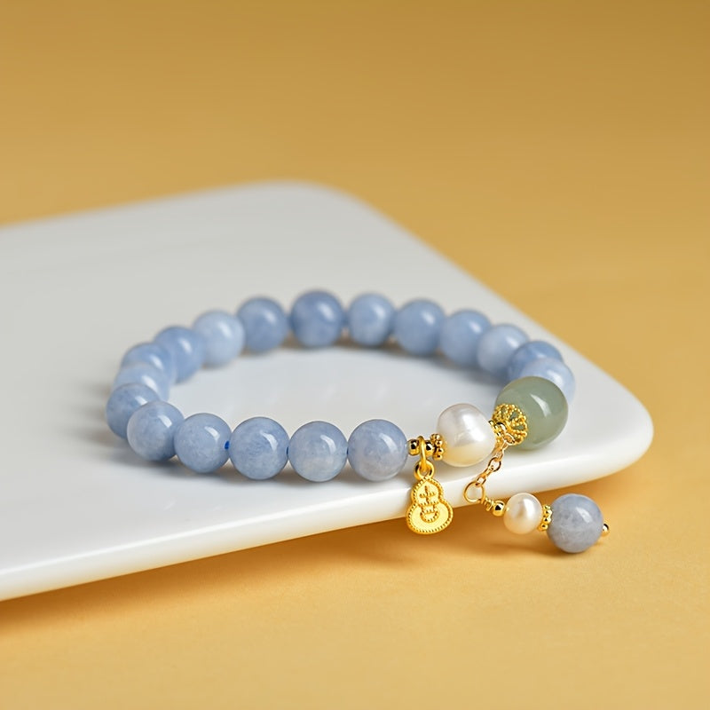 Natural Stone Bead Bracelet with Barrel Beads Blue Jade Energy Bead Bracelet with Gourd Charm – Harmonizing Calm & Prosperity
