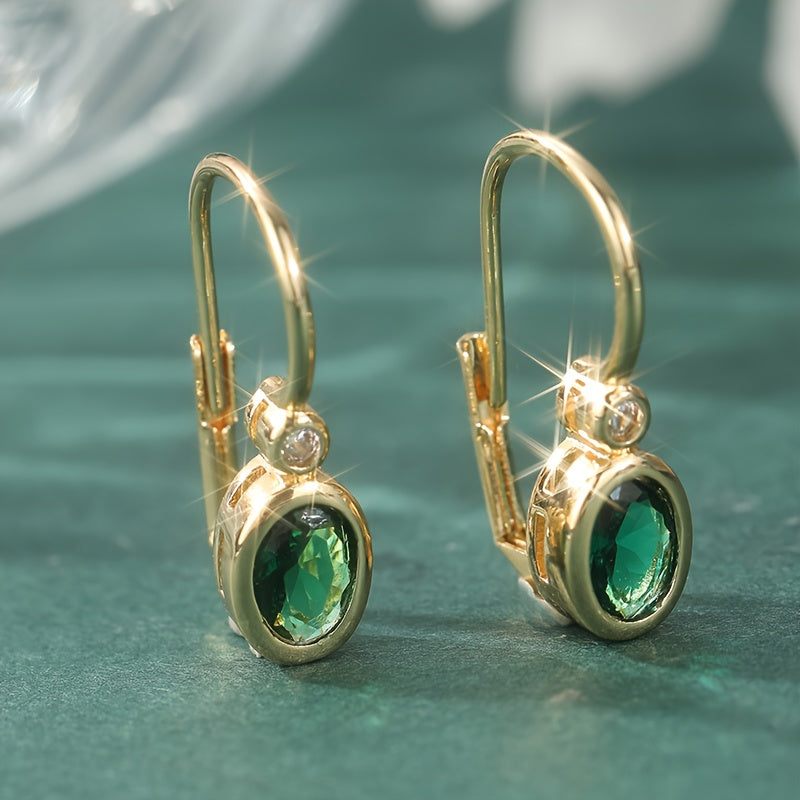 Elegant Golden Hoop Earrings with Synthetic Green Zirconia: Vintage French Style for Weddings & Spiritual Harmony