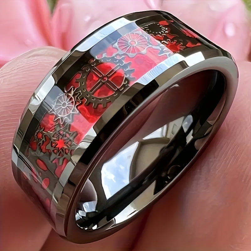 Bold Red Mechanical Punk Gear Ring - Stainless Steel Men's Fashion Statement for Energy & Style