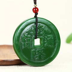 Imitation Jade Antique Coins Pendant Necklace - Emerald Green Prosperity Talisman for Men